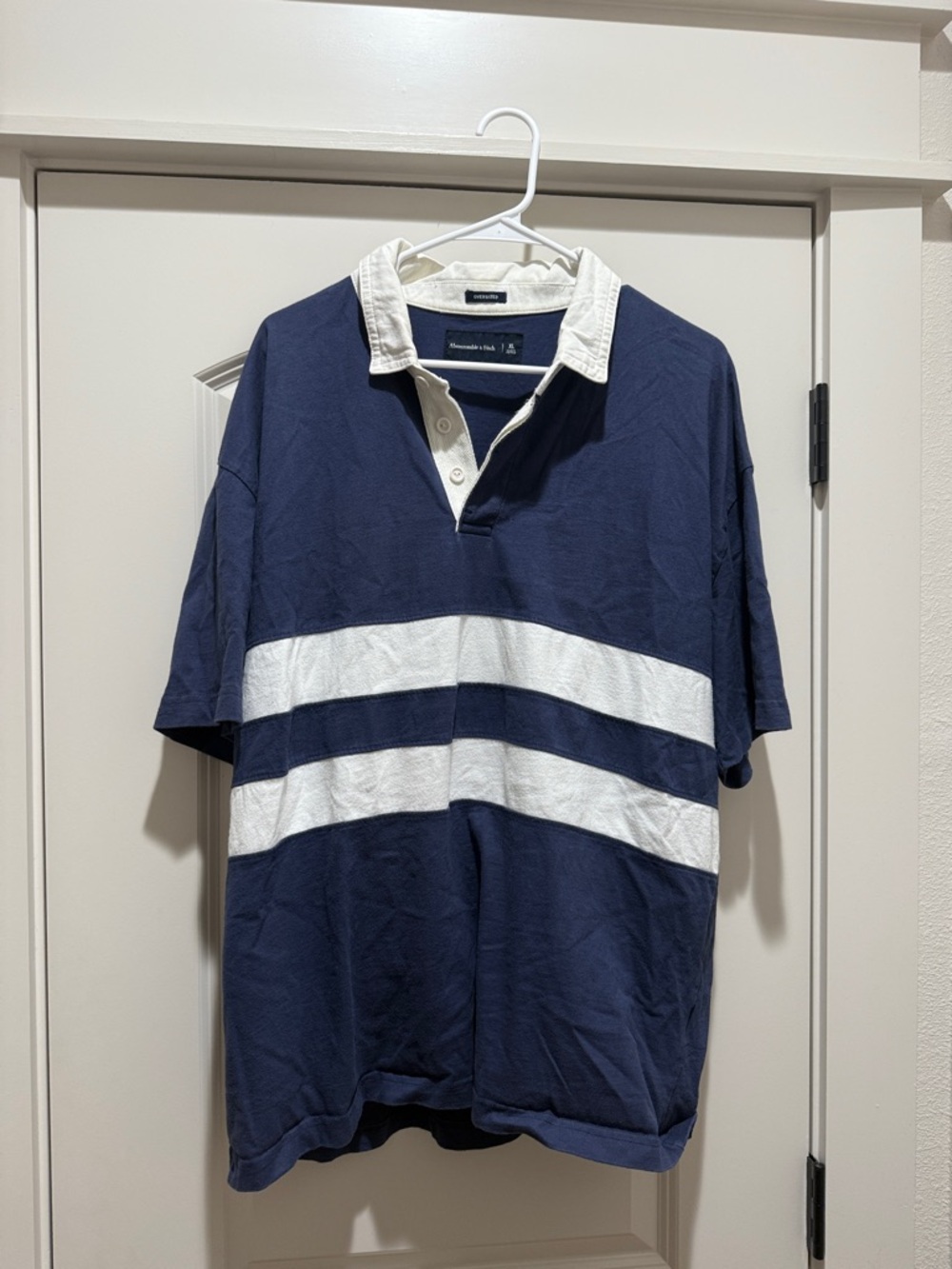Abercrombie & Fitch Navy and White Striped Rugby Polo